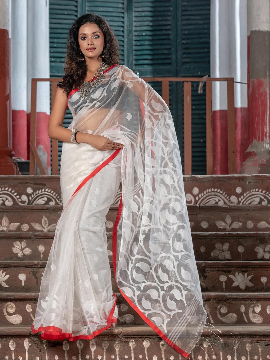 

Angoshobha Ethnic Motifs Woven Design Art Silk Saree, White
