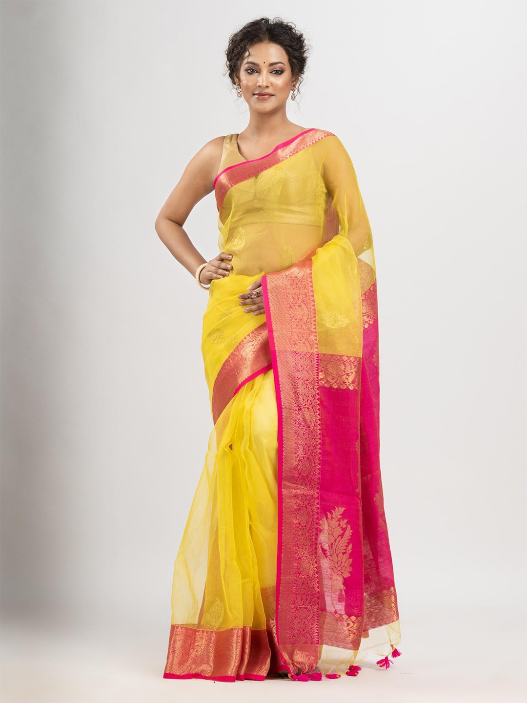 

Angoshobha Ethnic Motifs Woven Design Zari Art Silk Saree, Yellow