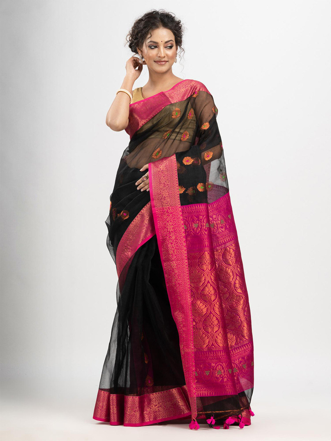 

Angoshobha Ethnic Motifs Woven Design Zari Art Silk Saree, Black