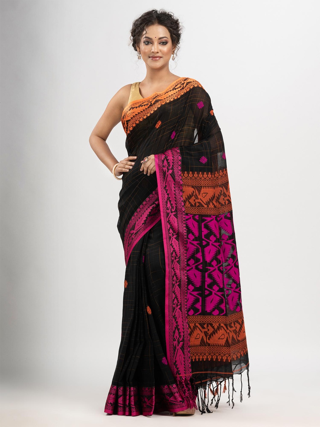 

Angoshobha Ethnic Woven Design Zari Pure Cotton Saree, Black