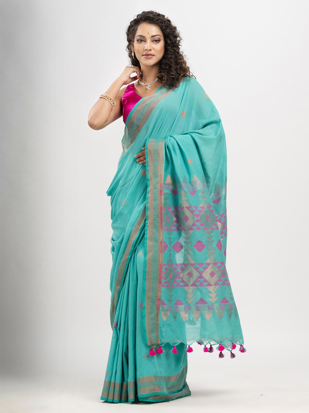 

Angoshobha Ethnic Woven Design Zari Pure Cotton Saree, Blue