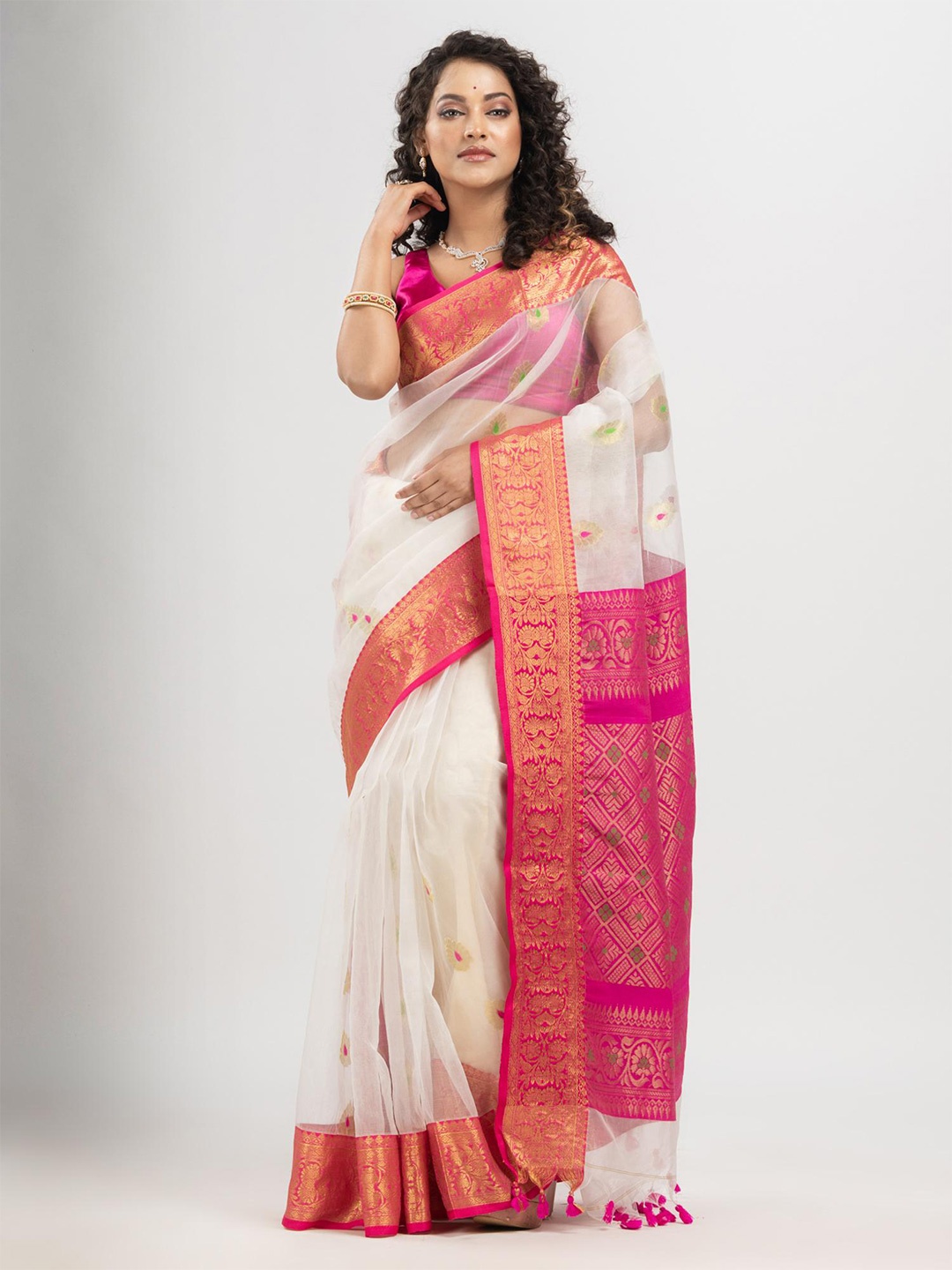 

Angoshobha Floral Zari Art Silk Saree, White
