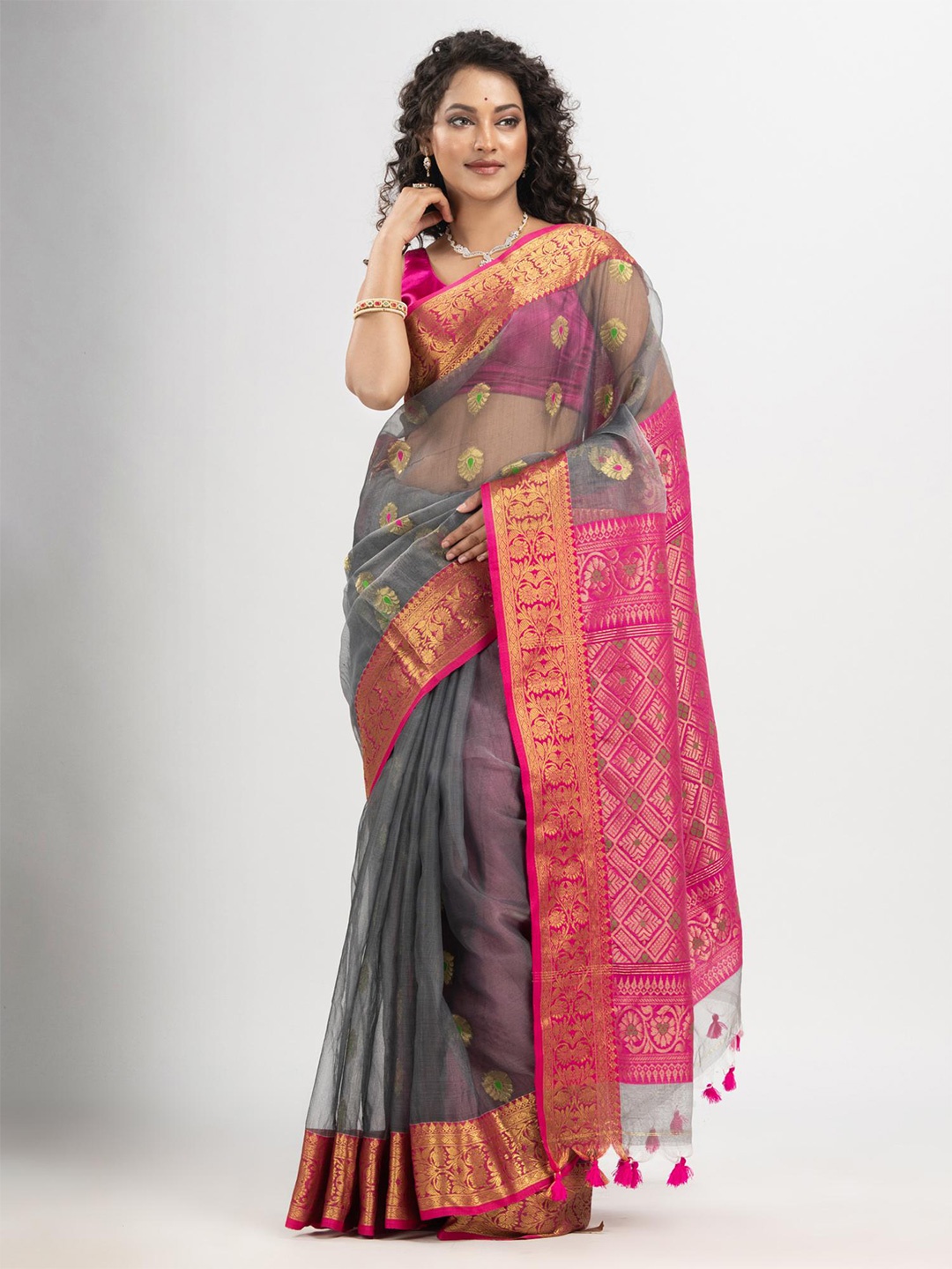 

Angoshobha Floral Woven Design Zari Saree, Grey
