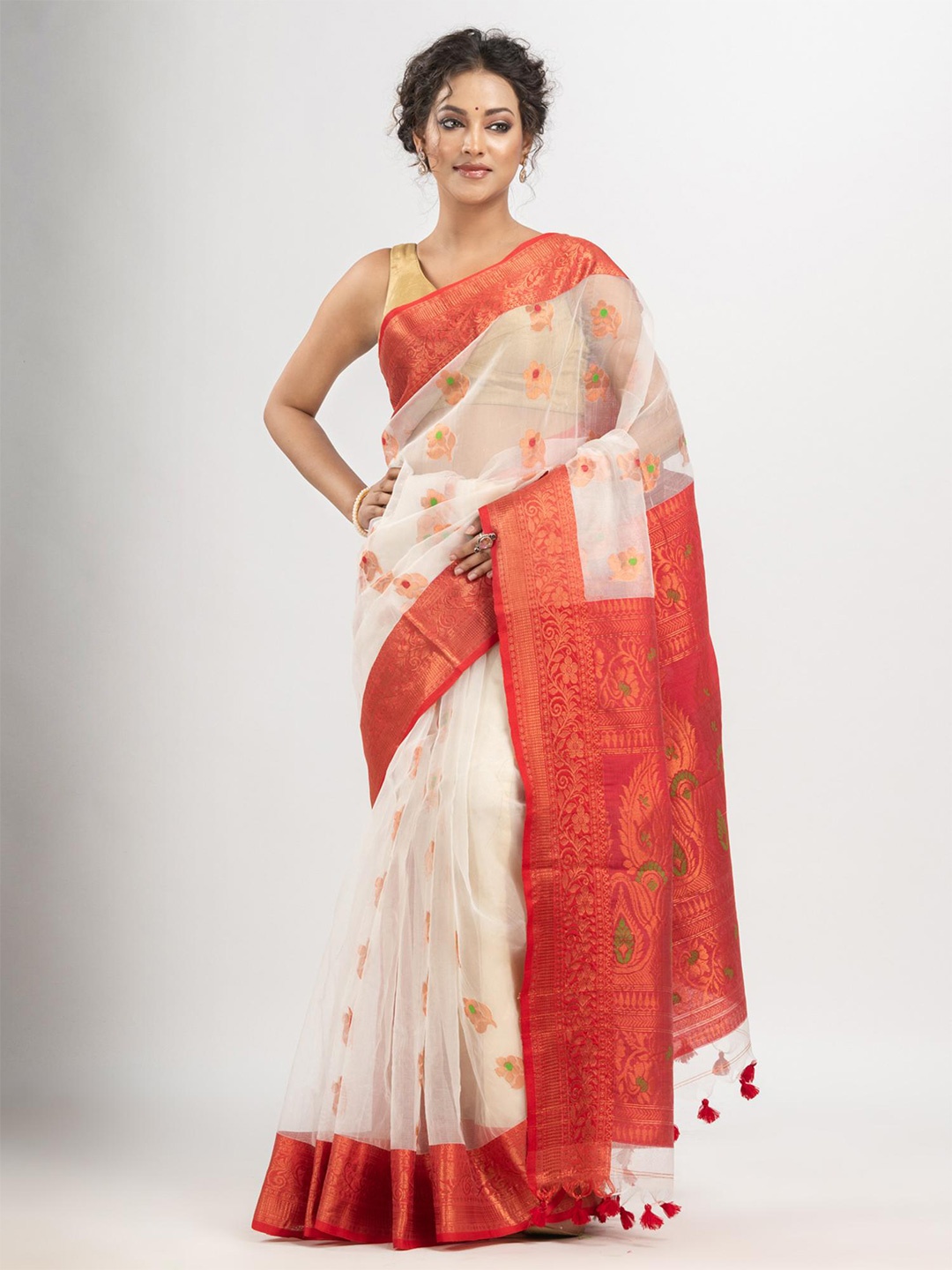 

Angoshobha Floral Woven Design Zari Art Silk Saree, White