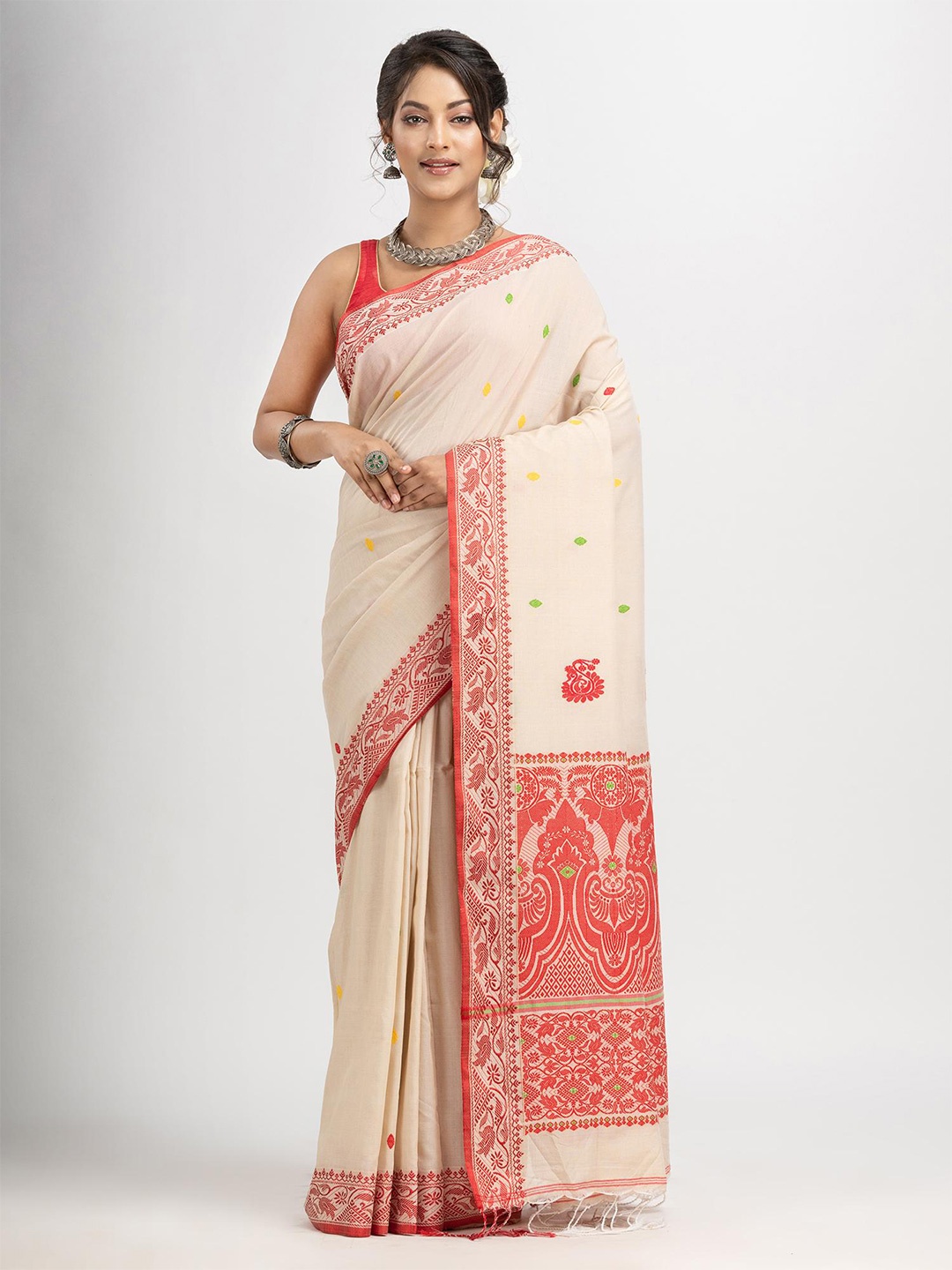 

Angoshobha Ethnic Motifs Woven Design Pure Cotton Saree, White