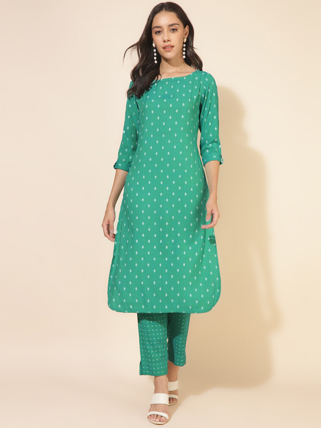 

Janasya Printed Regular Pure Cotton Straight Kurta with Trousers, Sea green