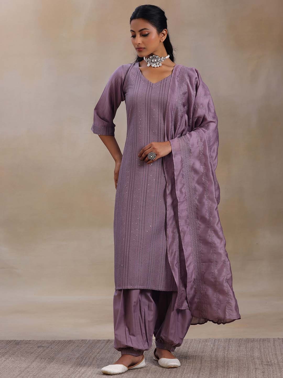 

Libas Striped Regular Thread Work Kurta with Salwar & With Dupatta, Mauve