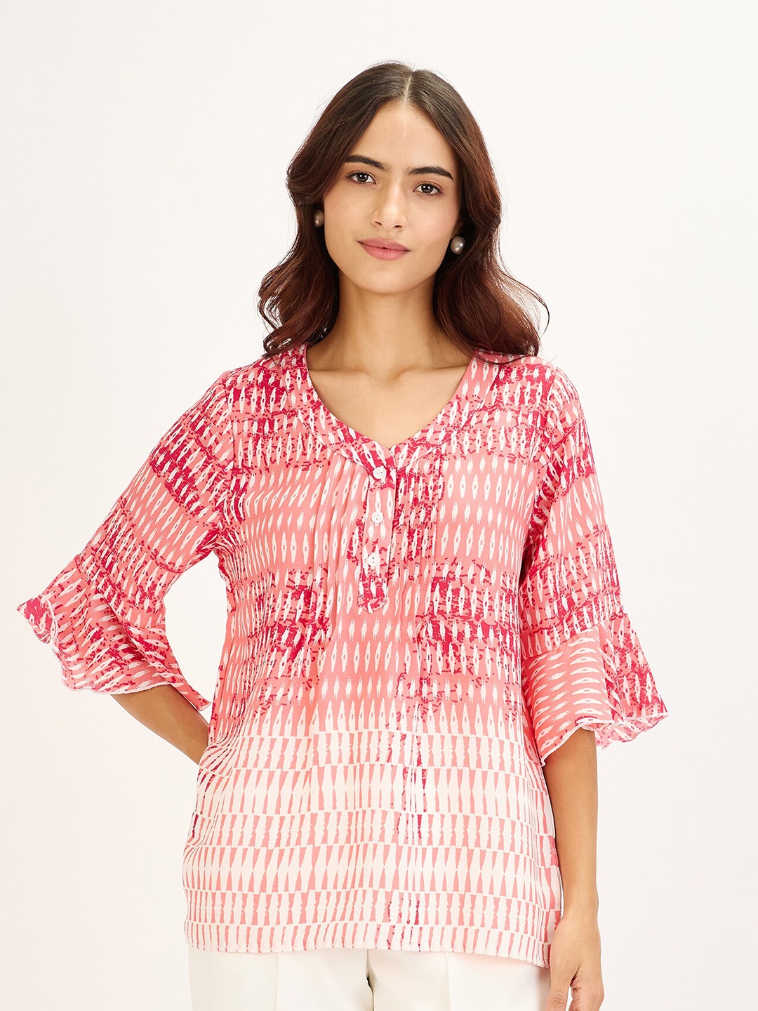 

SALT ATTIRE Print Bell Sleeve V-Neck Top, Pink