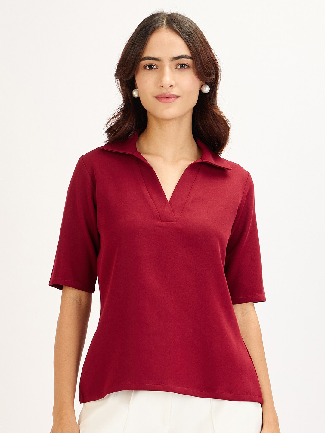 

SALT ATTIRE Shirt Collar Top, Maroon