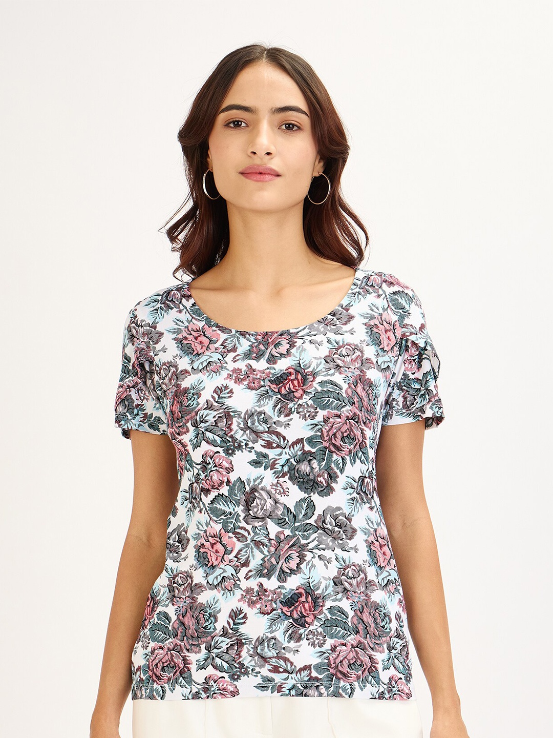 

SALT ATTIRE Floral Print Short Sleeves Round Neck Top, White