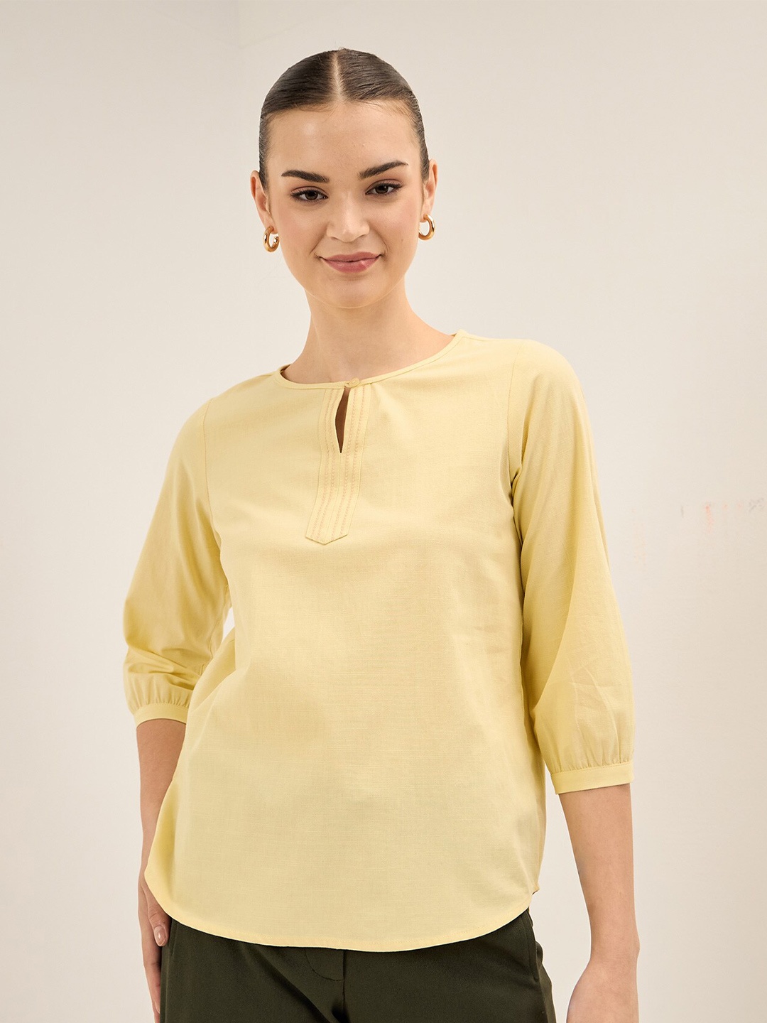 

SALT ATTIRE Three-Quarter Sleeves Keyhole Neck Top, Yellow