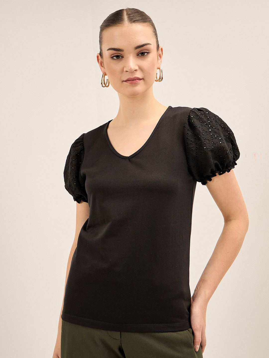 

SALT ATTIRE V Neck Puff Sleeve Top, Black