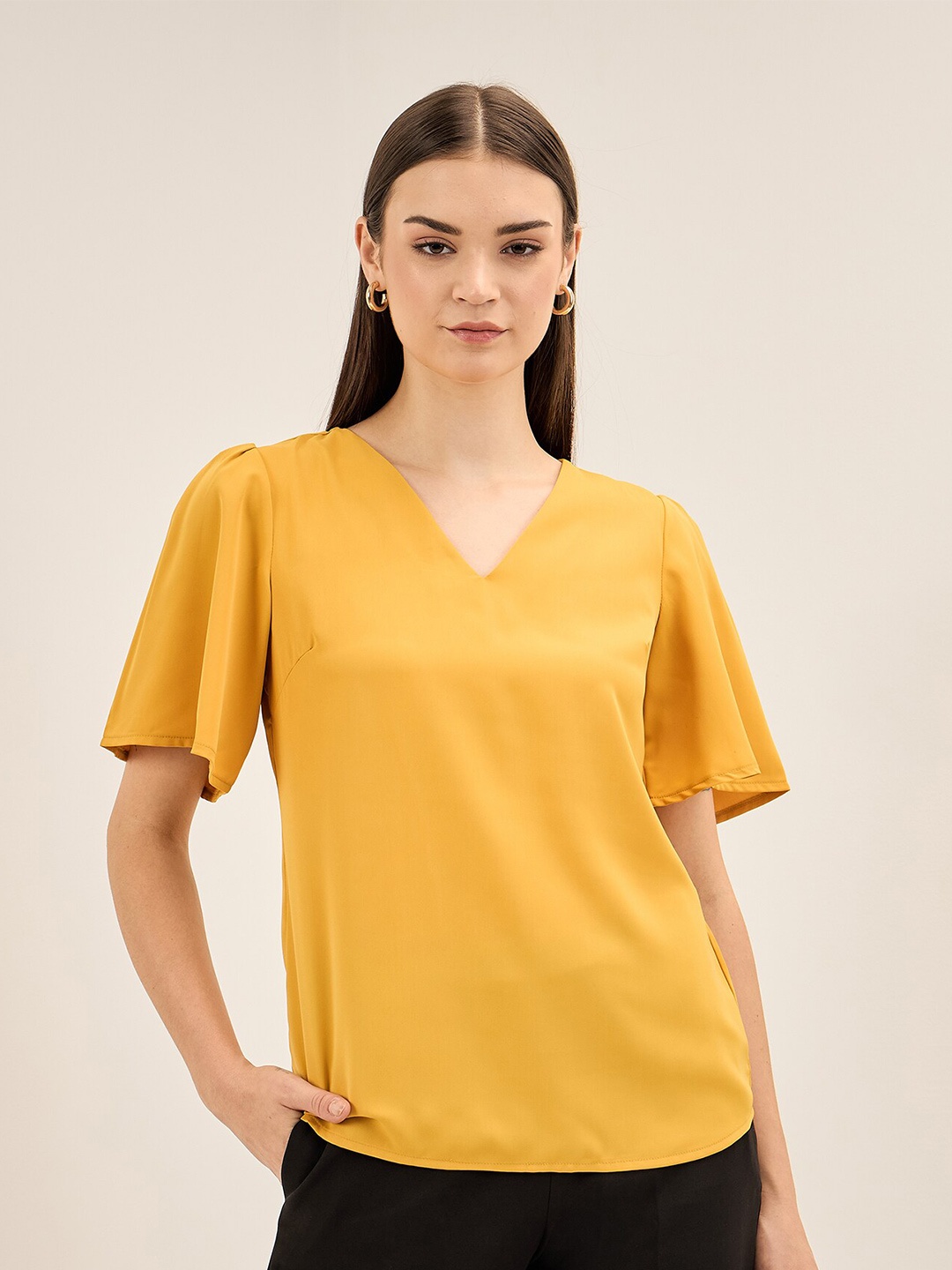 

SALT ATTIRE Flared Sleeve V-Neck Top, Yellow