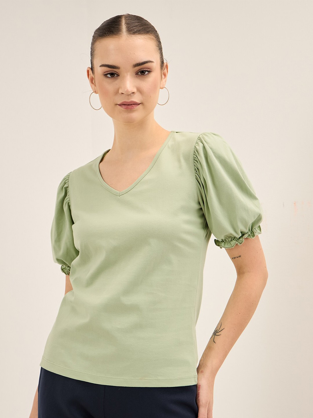

SALT ATTIRE Puff Sleeve V-Neck Top, Green