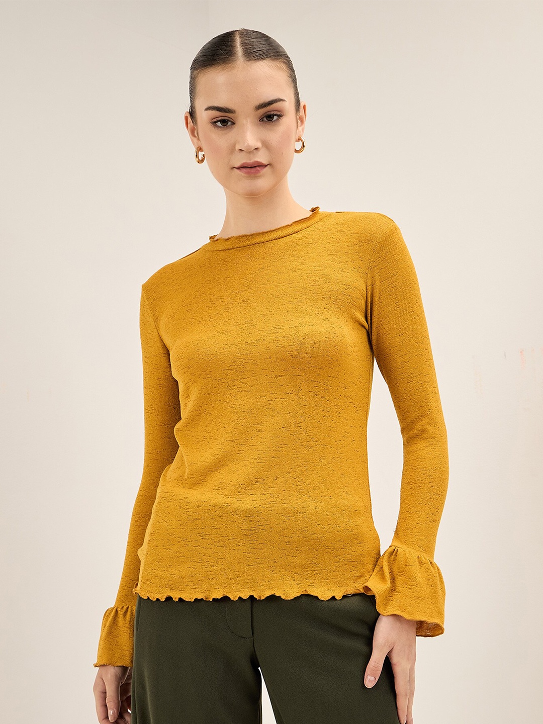 

SALT ATTIRE Round Neck Long Bell Sleeve Top, Yellow