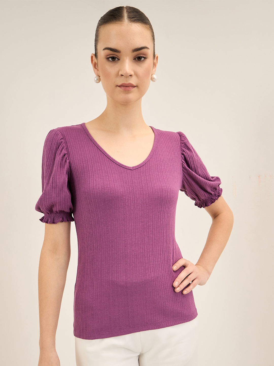 

SALT ATTIRE V Neck Puff Sleeve Top, Purple