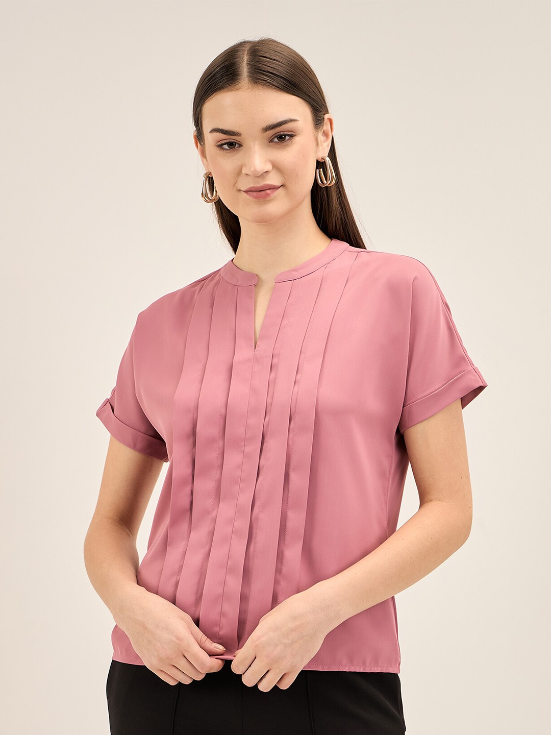 

SALT ATTIRE Mandarin Collar Extended Sleeves Top, Pink