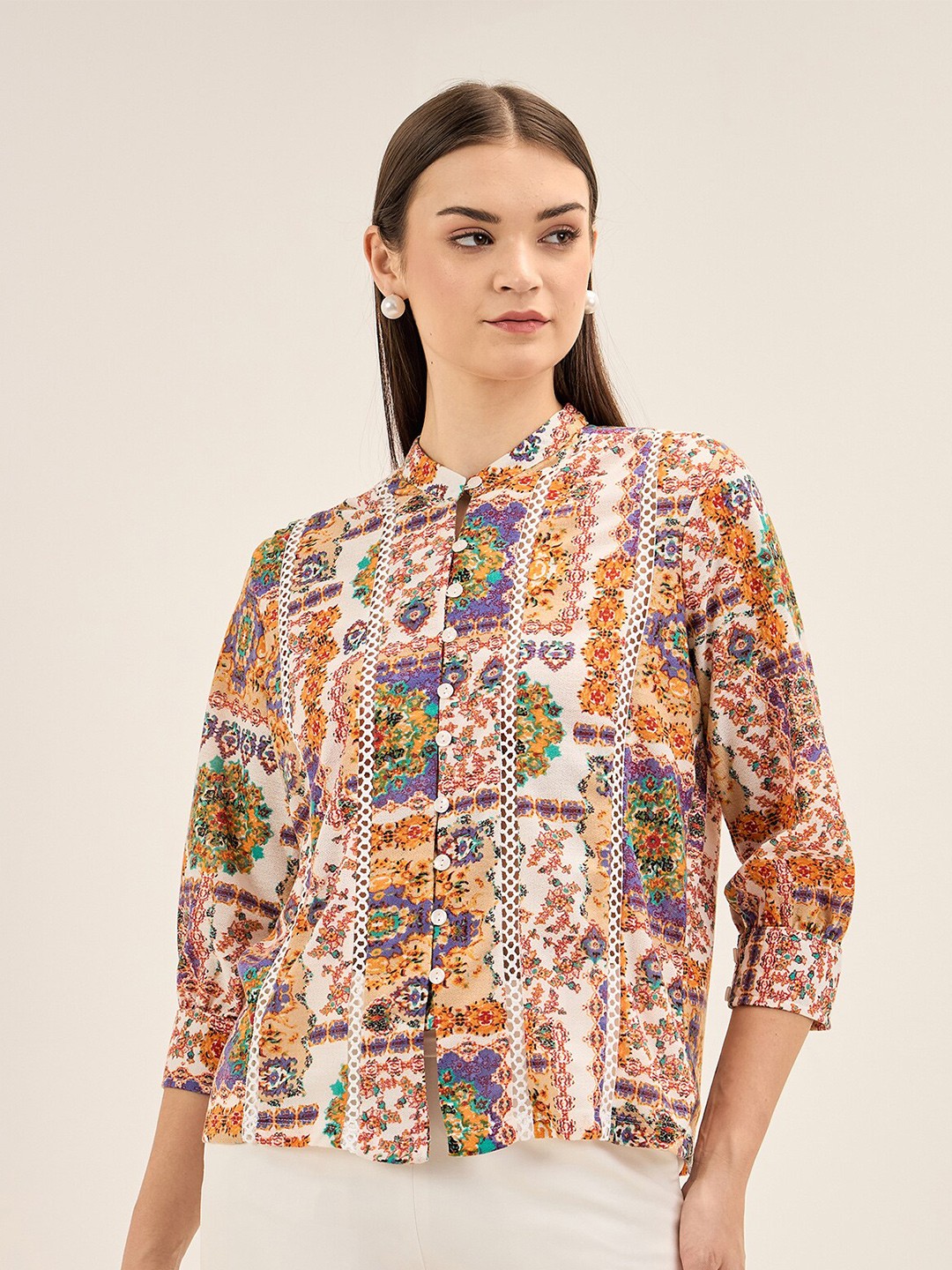 

SALT ATTIRE Print Mandarin Collar Shirt Style Top, White