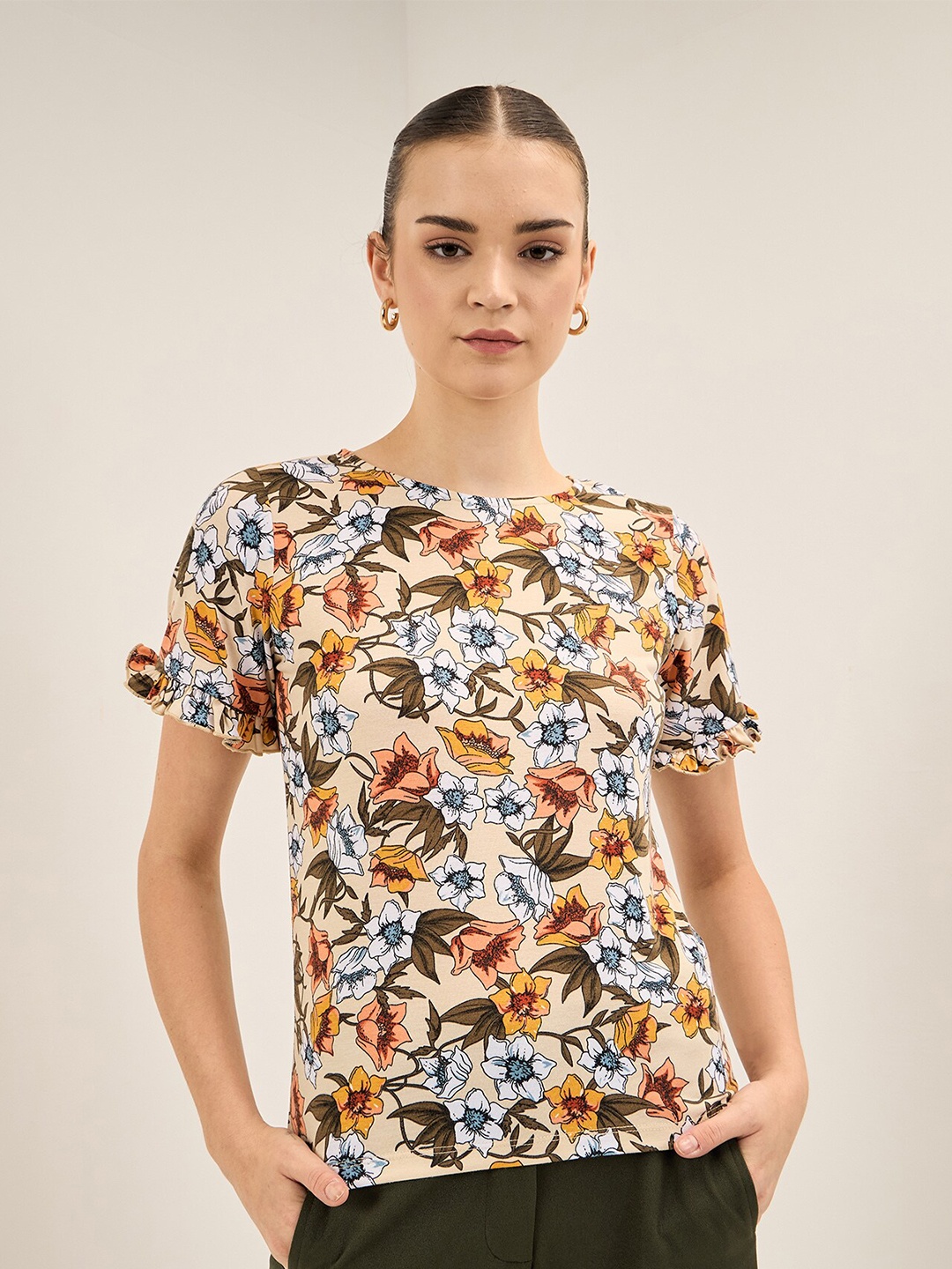 

SALT ATTIRE Floral Printed Round Neck Top, Off white