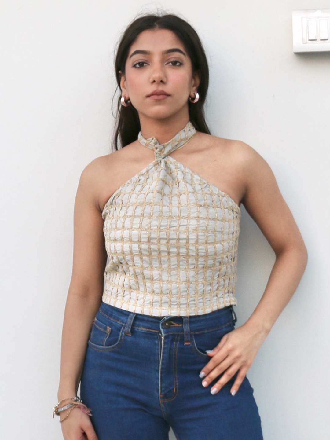 

Obleka Geometric Embroidered Halter Neck Sleeveless Crop Top, Yellow