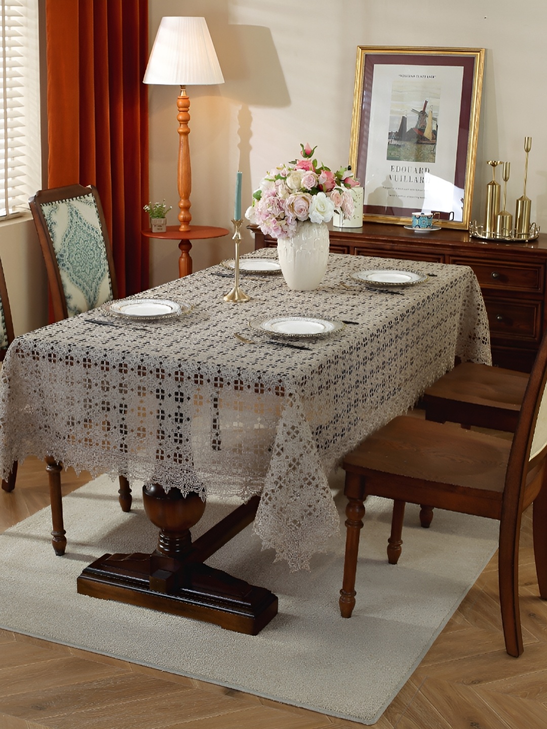 

MONKDECOR Brown & White Ethnic Motifs Embroidered Table Cover