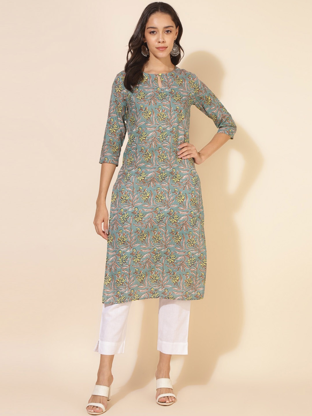 

Janasya Women Kalamkari Straight Cotton Kurta, Green