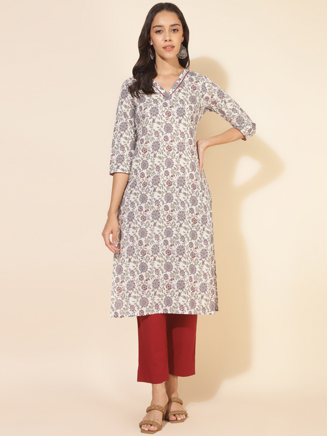 

Janasya Ethnic Motifs Printed Cotton Straight Kurta, White