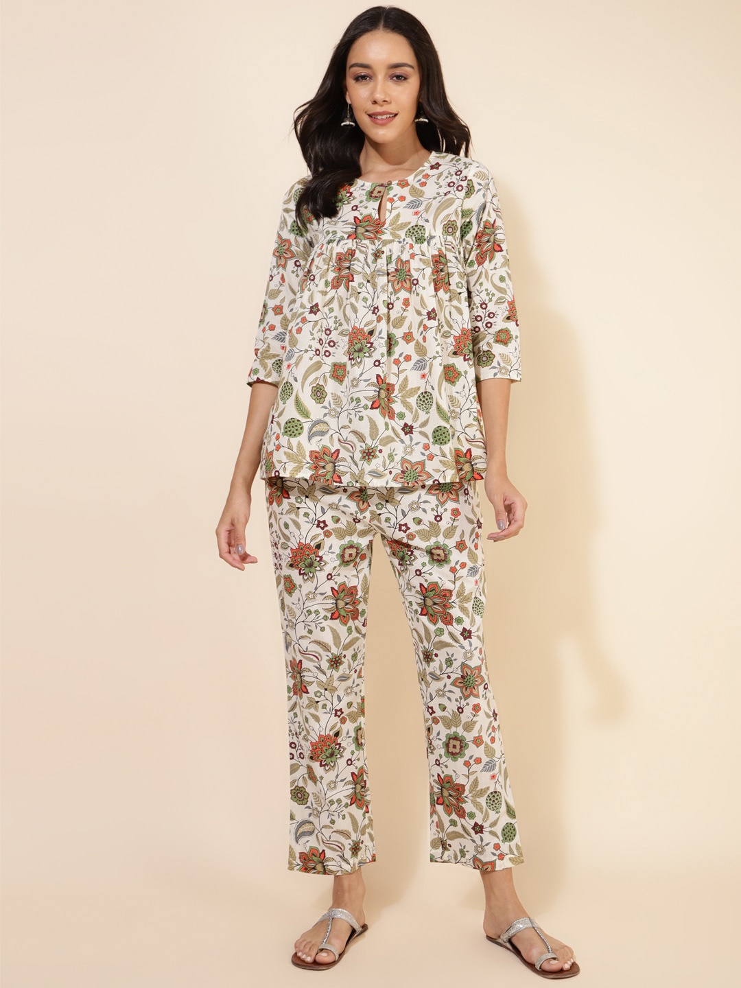 

Janasya Printed Pure Cotton Tunic With Trouser, Off white