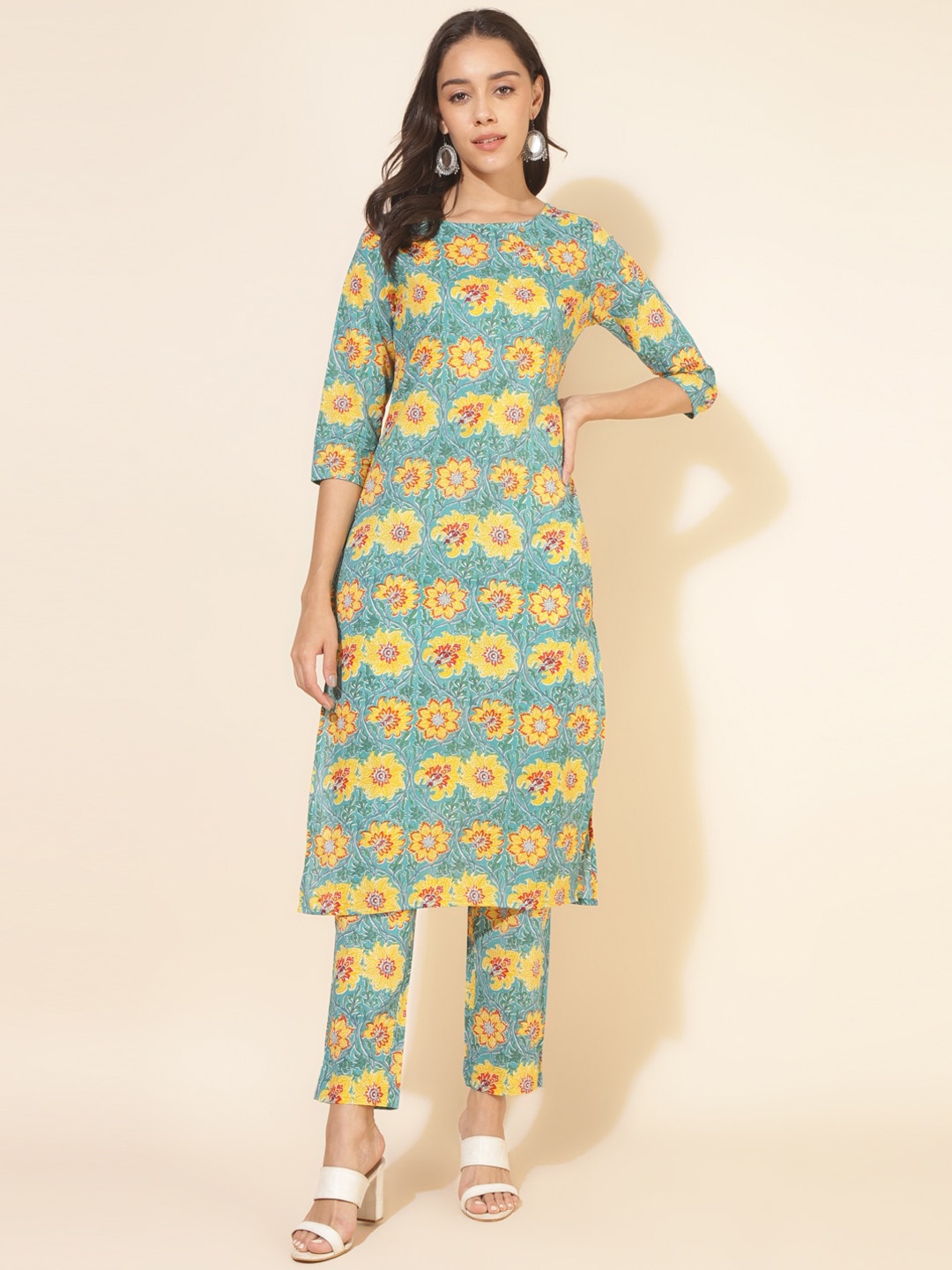 Janasya Floral Printed Regular Pure Cotton Kurta with Trouser, Green