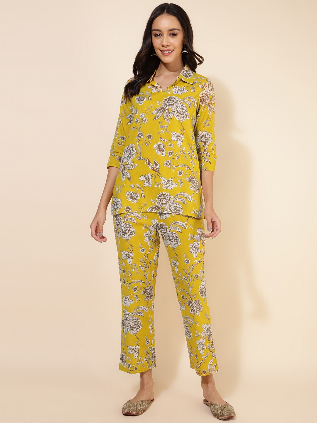 Janasya Printed Pure Cotton Top With Trouser, Green
