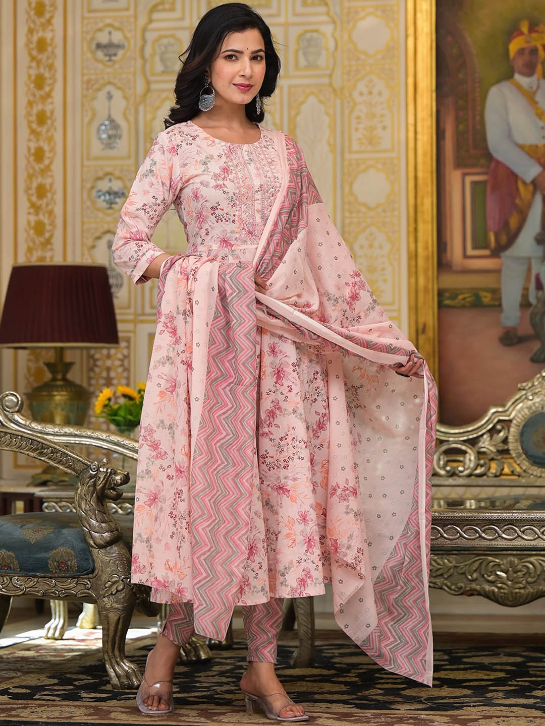 

Yufta Floral Embroidered Thread Work Pure Cotton Anarkali Kurta with Trouser & Dupatta, Pink