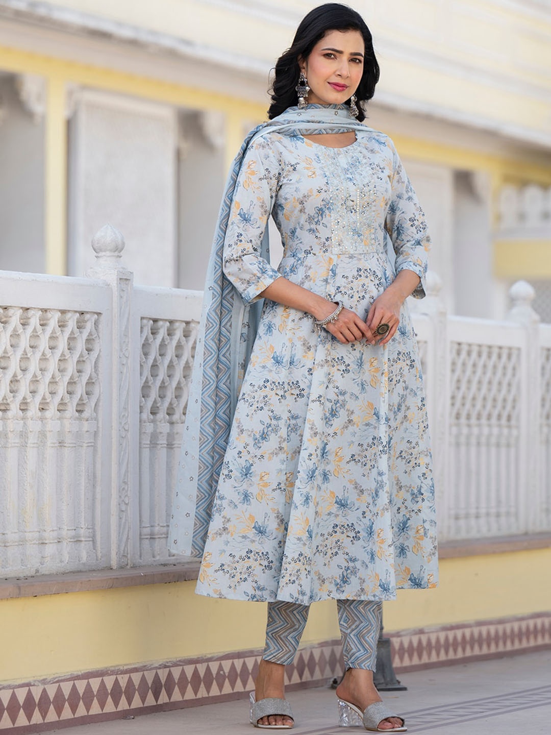 

Yufta Floral Printed Sequinned Pure Cotton Anarkali Kurta with Trouser & Dupatta, Grey