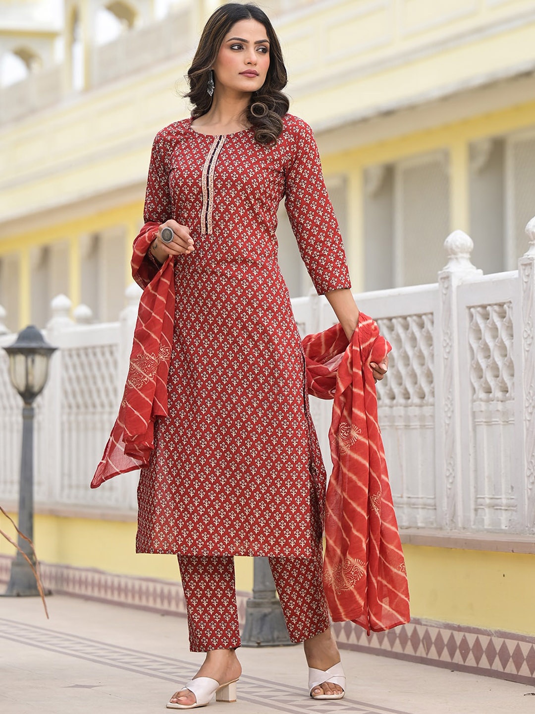 

Yufta Red Printed Beads & Stones Pure Cotton Straight Kurta With Trousers & Dupatta