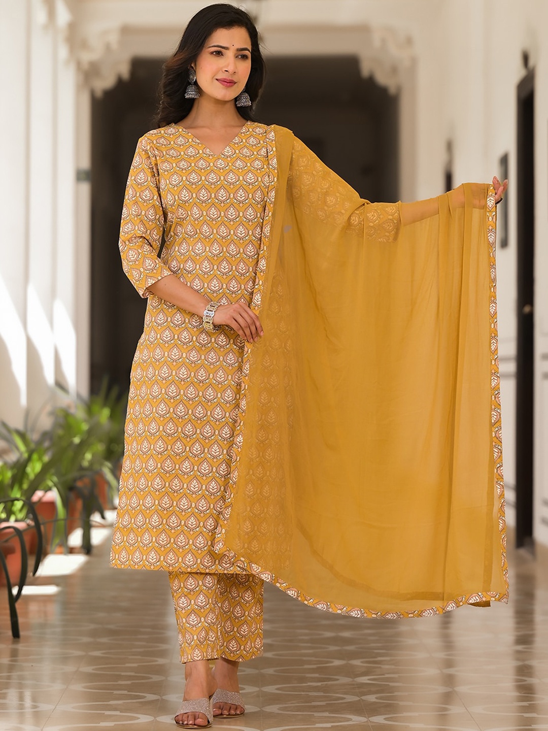 

Yufta Mustard Yellow Printed Pure Cotton Straight Kurta With Trousers & Dupatta