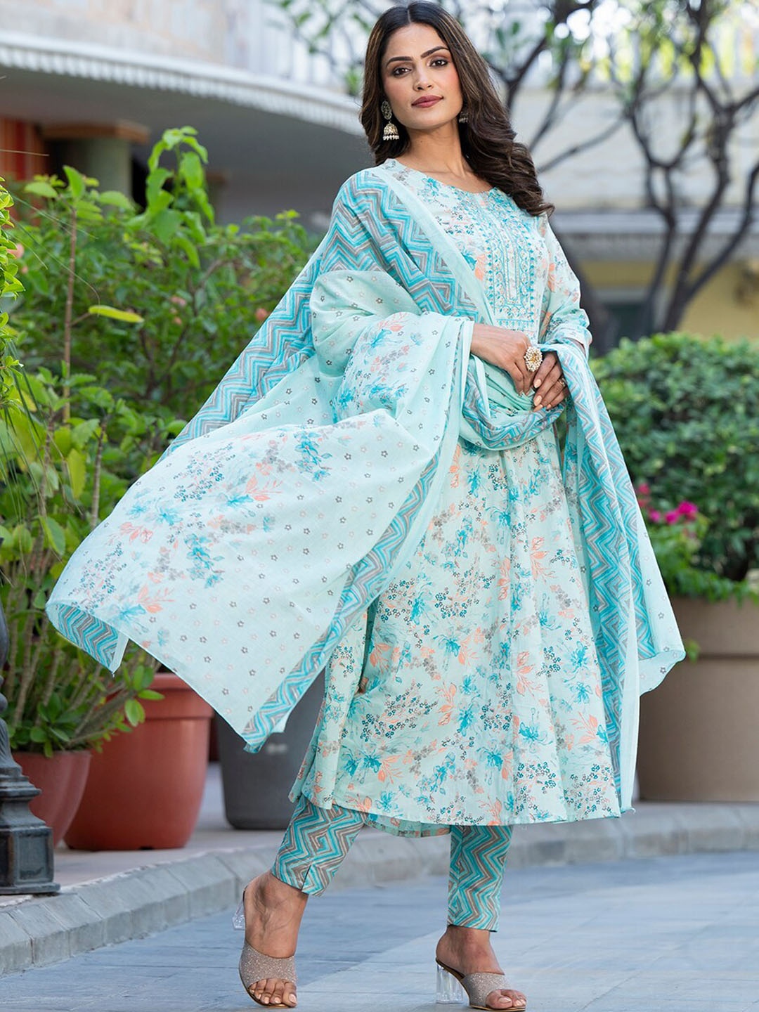 

Yufta Floral Printed Sequinned Pure Cotton Anarkali Kurta with Trouser & Dupatta, Sea green