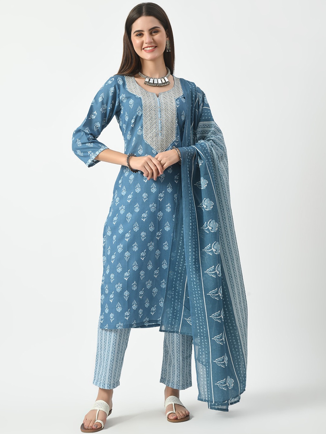 

KALINI Floral Printed Notch Neck Sequinned Cotton Straight Kurta with Trousers & Dupatta, Blue