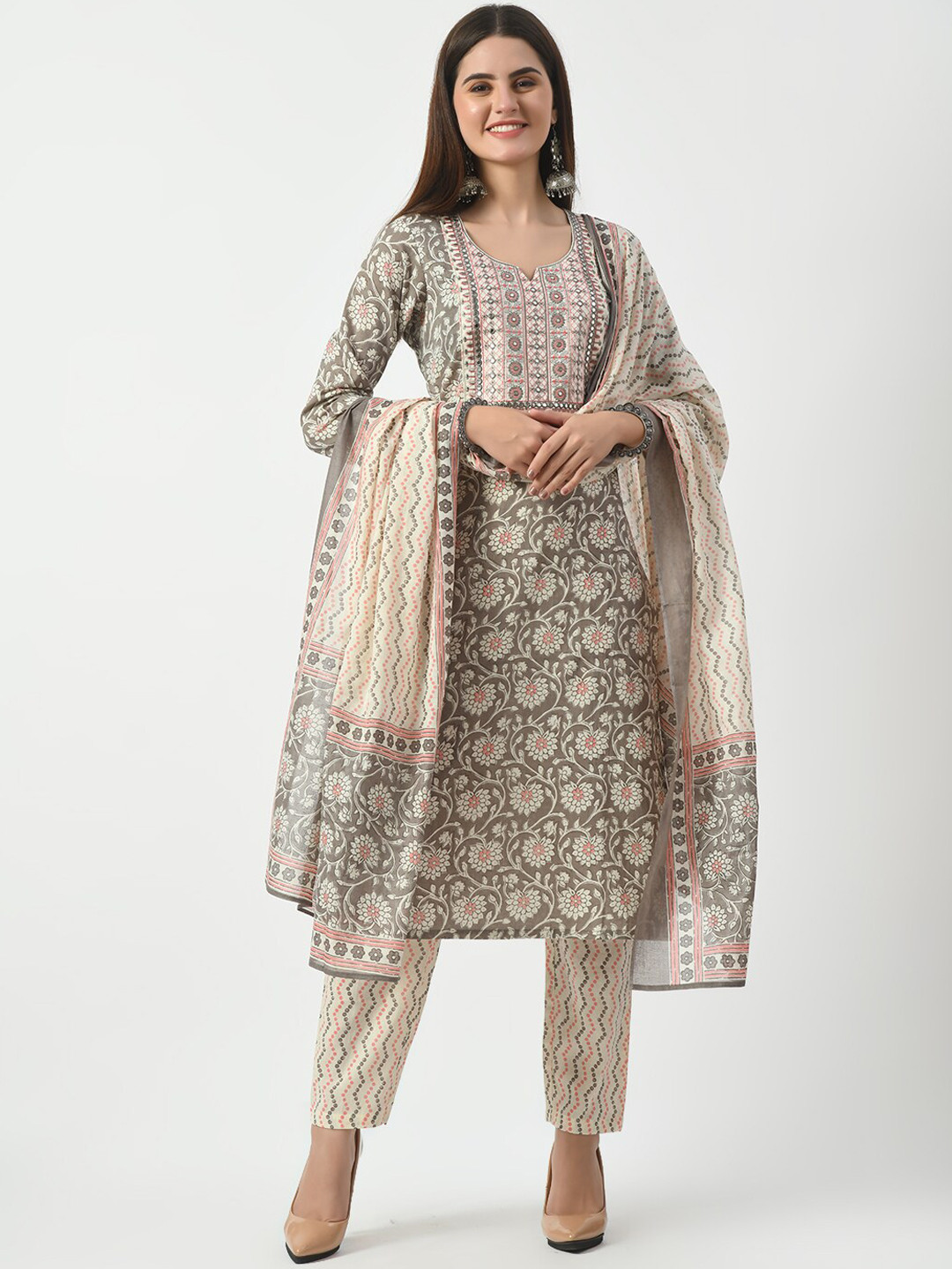 

KALINI Floral Printed Regular Thread Work Pure Cotton Kurta with Trousers & Dupatta, Grey
