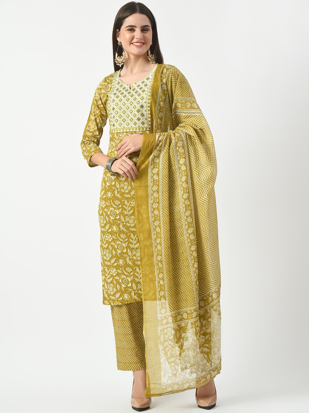 

KALINI Floral Printed Regular Pure Cotton Straight Kurta With Trousers & Dupatta, Mustard