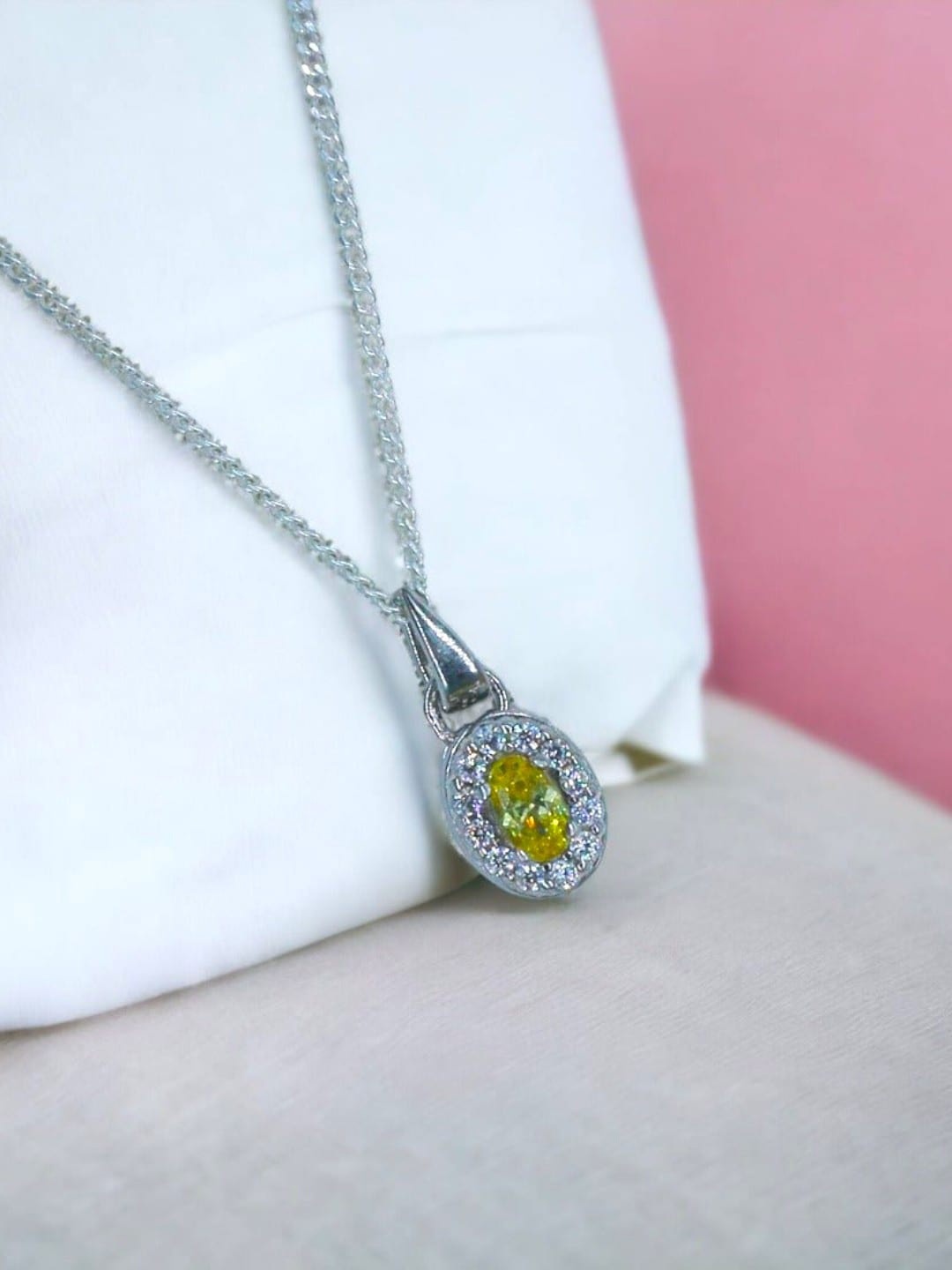 

Taraash 925 Sterling Silver Cubic Zirconia Studded Oval Pendant With Chain, Yellow