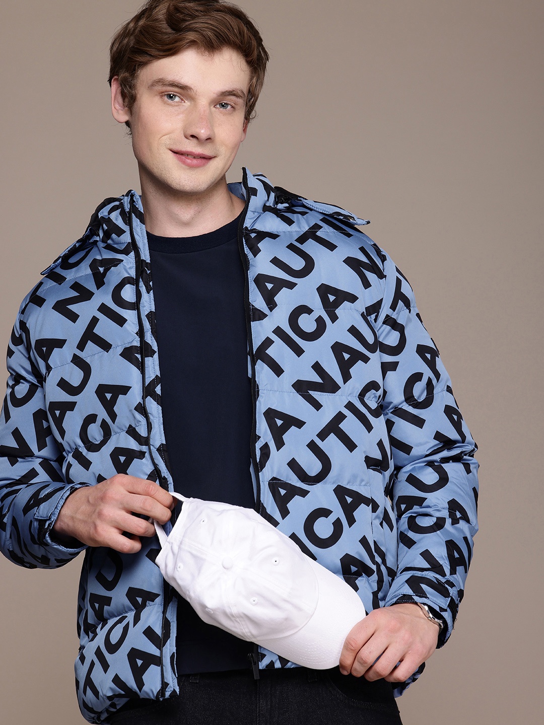 

Nautica Brand Logo Printed Hooded Padded Jacket, Blue
