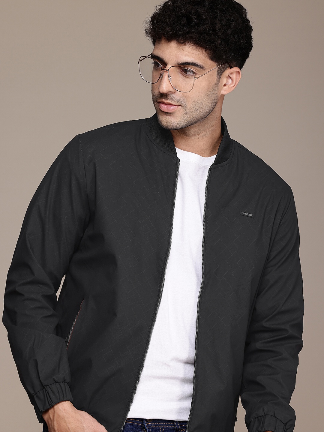 

Nautica Geometric Printed Stand Collar Bomber Jacket, Black