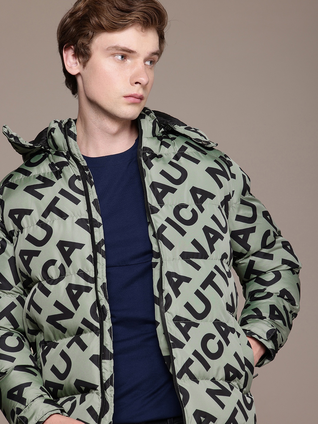 

Nautica Removable Hooded Brand Logo Printed Puffer Jacket, Green