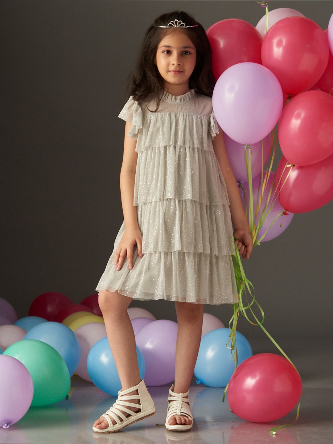 

KidsDew Girls Embellished Flutter Sleeves Net A-Line Dress, Grey