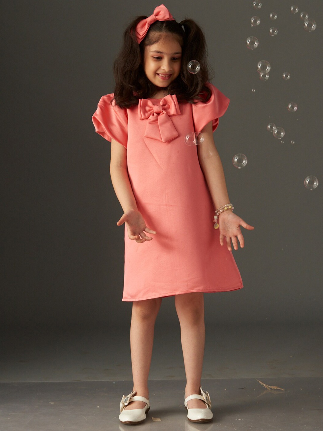 

KidsDew Girls Puff Sleeves Bow Detailed A-Line Dress, Coral