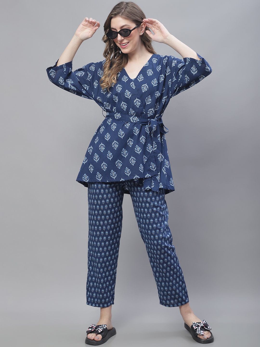 

TAG 7 Printed Pure Cotton Top Trouser & Shrug, Navy blue