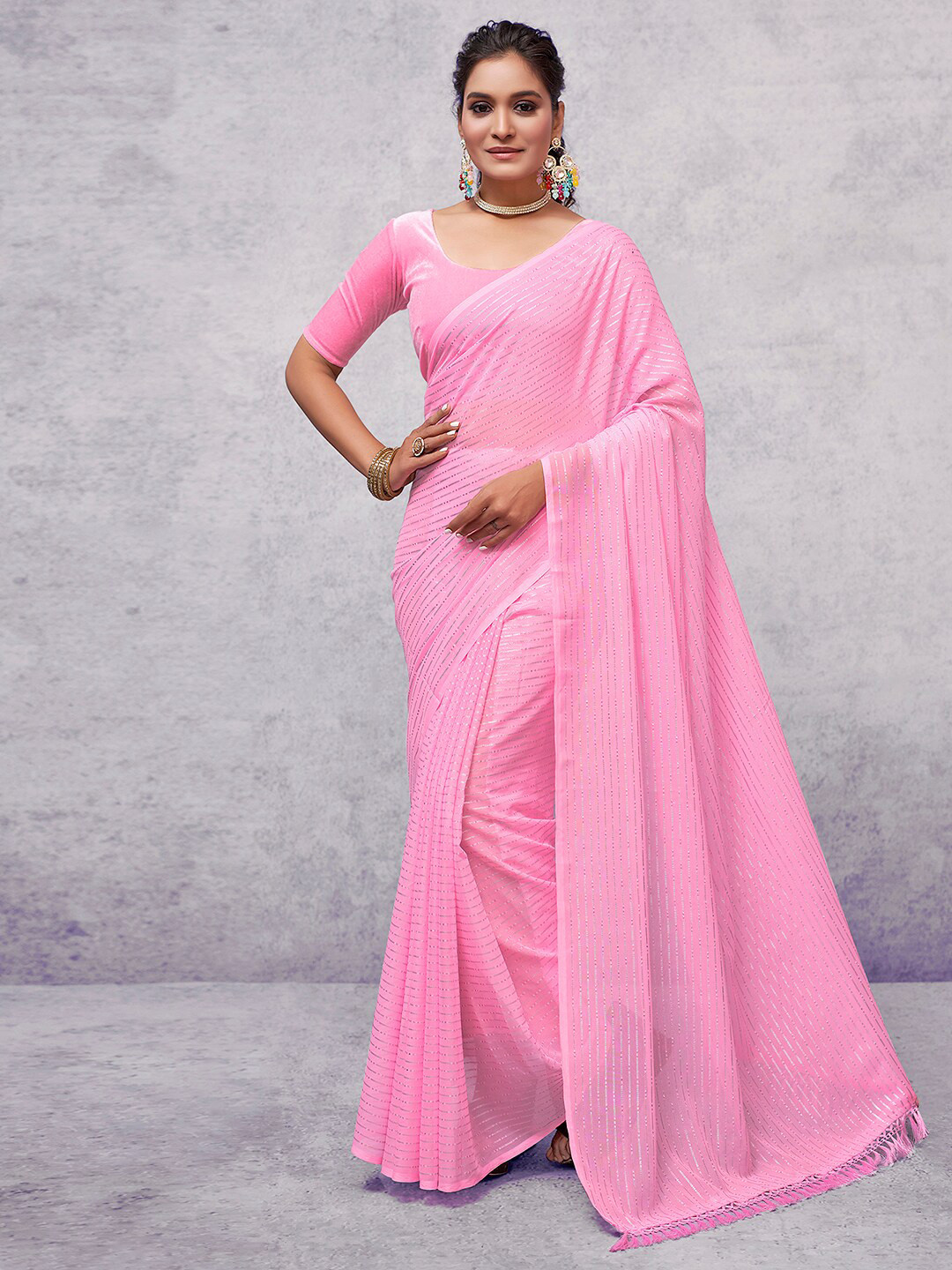 

KALINI Striped Zari Pure Georgette Leheriya Saree, Pink