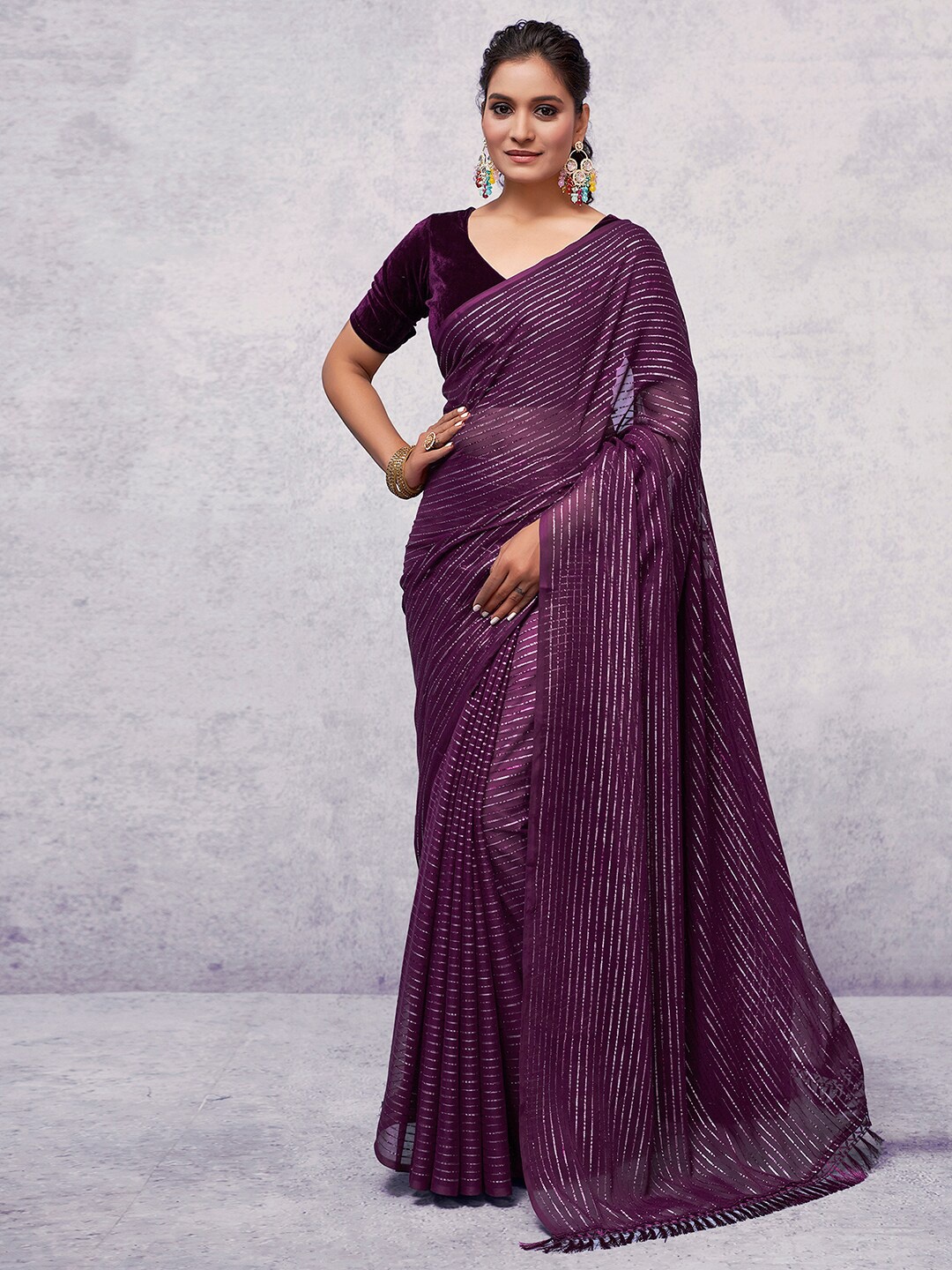 

KALINI Striped Zari Pure Georgette Leheriya Saree, Purple