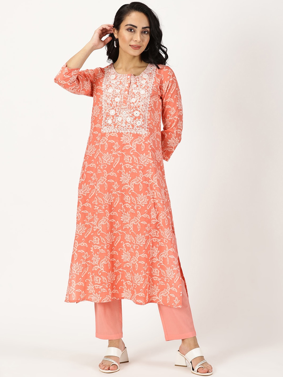 

Saffron Threads Floral Printed Pure Cotton Chikankari Straight Kurta, Coral