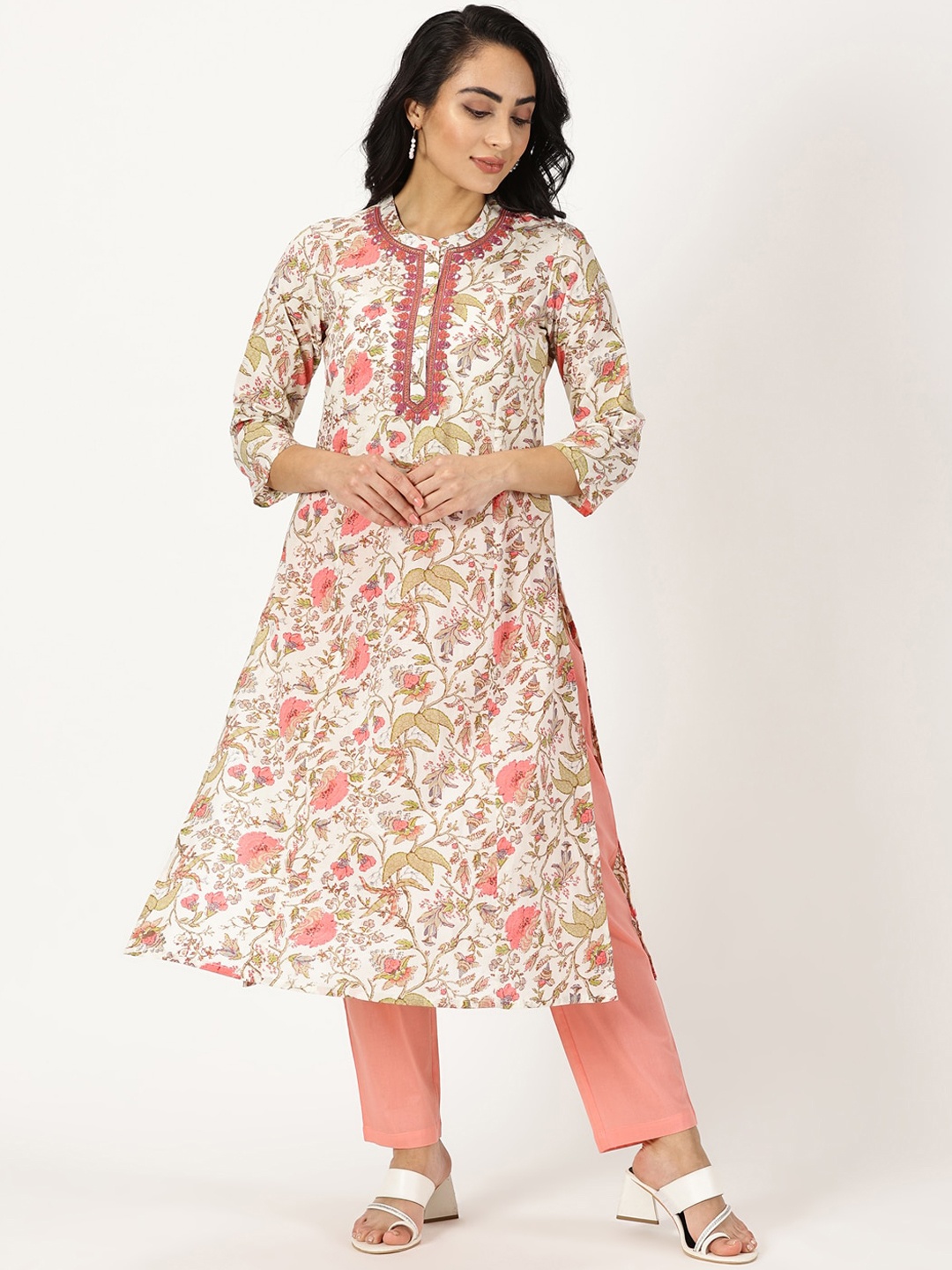 

Saffron Threads Floral Printed Mirror Work A-Line Kurta, White