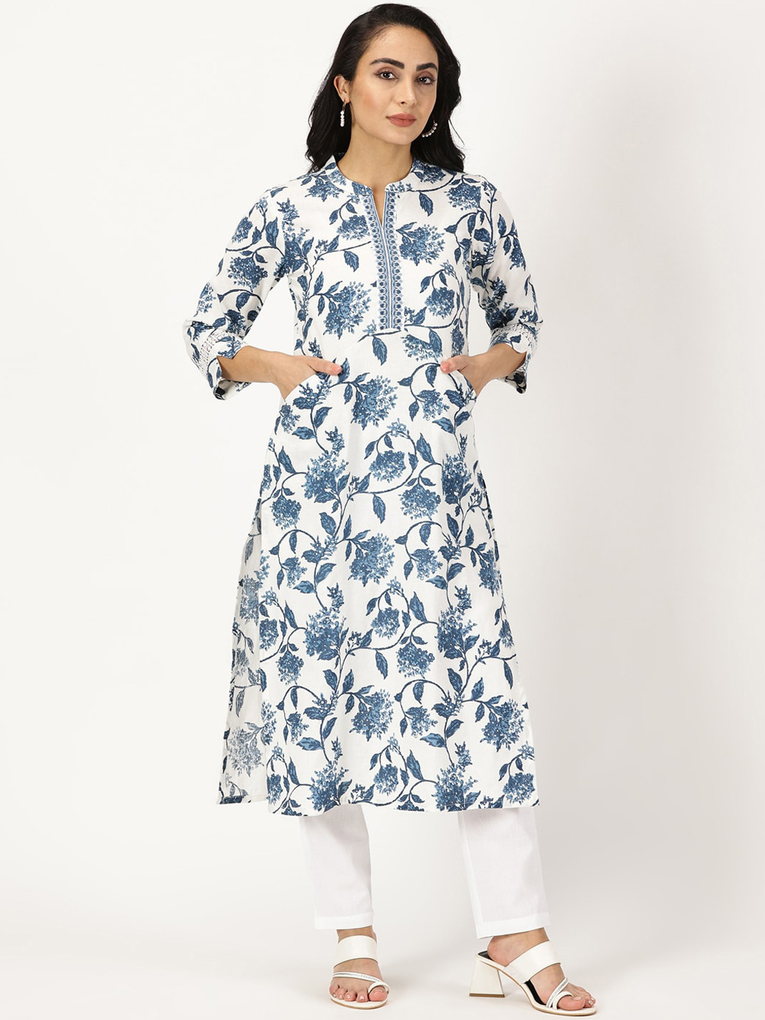 

Saffron Threads Floral Printed Cotton Linen Straight Kurta, White